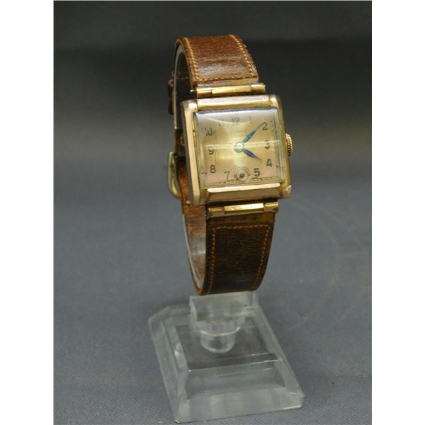 Antique Men's GF Gold Filled Olympic 17 Jewel Wristwatch Engraved 1941 Mechanical *works* Leather