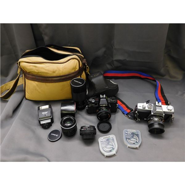 Minolta SRT200 & X-7A, Vivitar 200mm 3.5 Zoom Lens , Bushnell 2.8 35mm, UV Filters, Bag, Etc