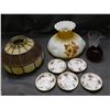 Image 1 : Lot of 9 Assorted Stained Glass Lamp Shade, Porcelain Oil Lamp Shade, Saucers, Etc