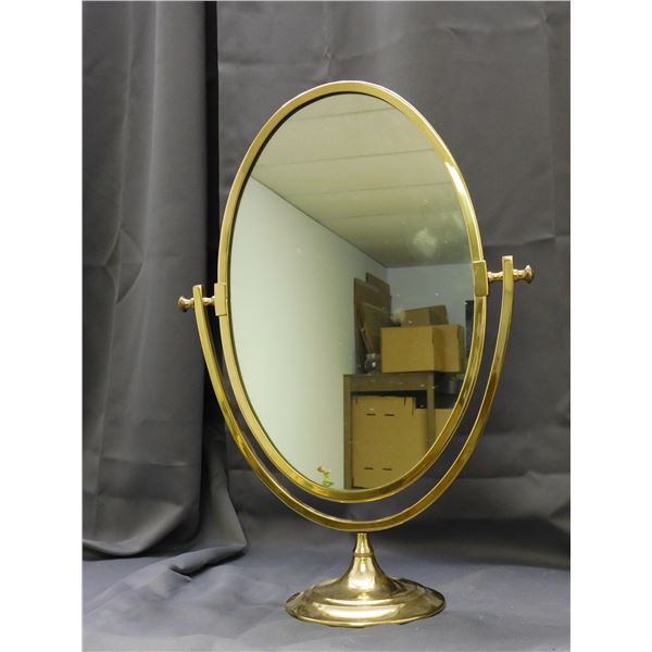 Large Gold Tone Oval Glass Desk Vanity Rotating Mirror