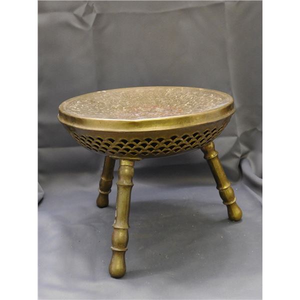 Pierced Brass Antique 3-Leg Foot Warmer / Stool  Floral Design Made in India