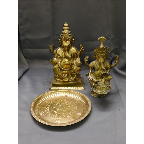3pcs Indian Asian Ganesha Sculptures & Metal Plate