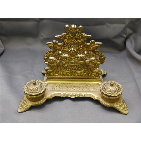 Bronze Ornate Desk Adornment Letter Holder with Ink Wells
