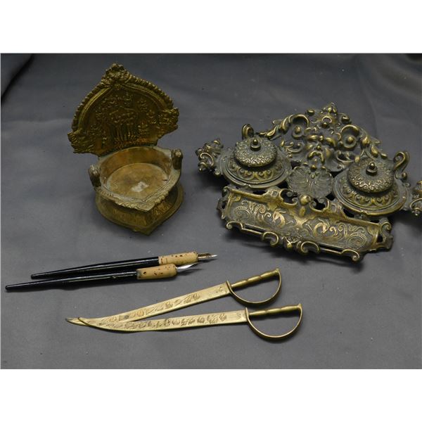 Bundle of Desk Accessories Ink Pens, Ink Well & Pen Rest, Dish, Letter Openers Brass / Asian Style
