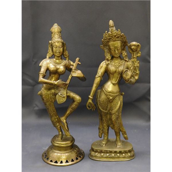 Pair of Asian Indian Bronze Statues of Goddess Saraswati & Tara Hindu Buddhist