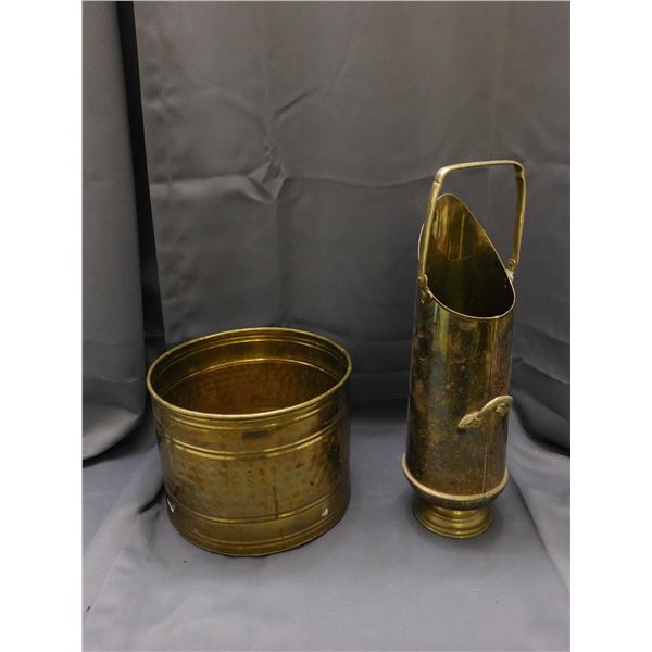 Brass Coal Shuttle / Scoop & 10" Round Metal Planter