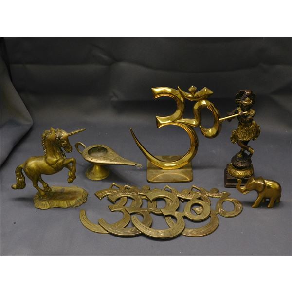 Lot of Small Brass Asian Indian Decor Elephant, Unicorn, Incense Burner, Om symbols