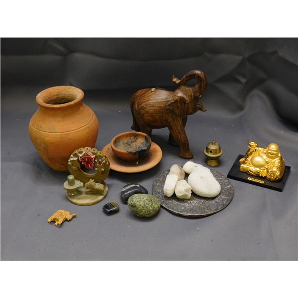 Bundle of Small Trinkets Rocks, Pottery, Wooden Elephants, Buddha