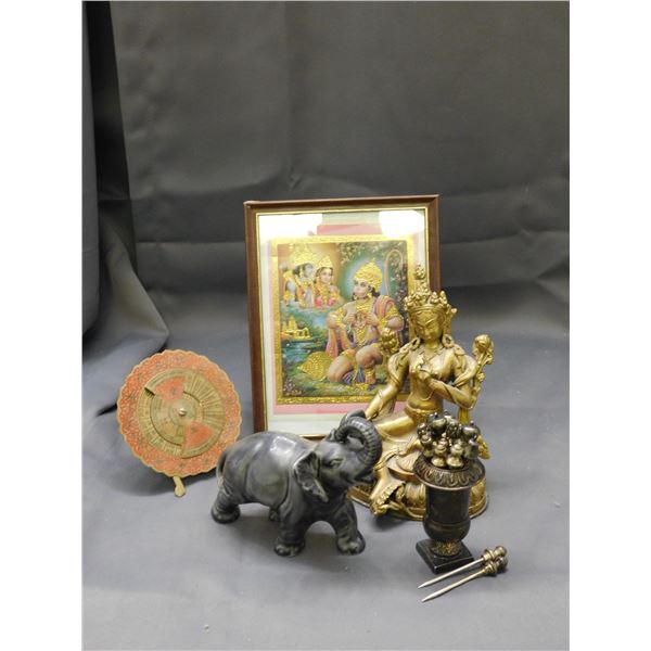Lot of 5 Indian Asian Decor Pieces Brass Sculpture, Ceramic Elephant, Food Picks w Stand, Framed Art