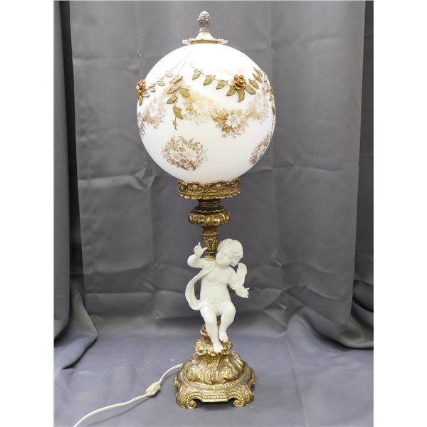 Vintage Hollywood Regency Porcelain Cherub, Glass Shade Figurine Lamp