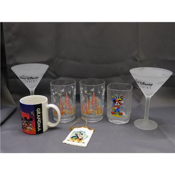 Lot of Disney Glasses, Walt Disney Studios Martini Glasses, Disney 25th Cups, Grandma Mug, Ornament