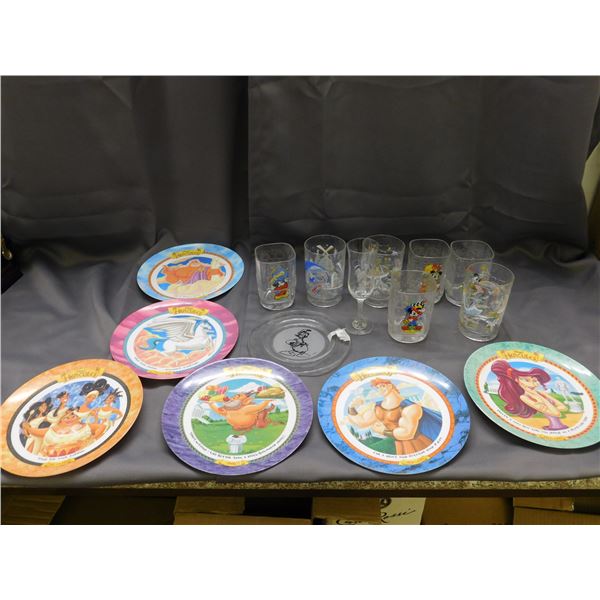 Bundle of Disney Mugs, McDonalds Glasses, Hercules Plastic Plates, Wine Glass