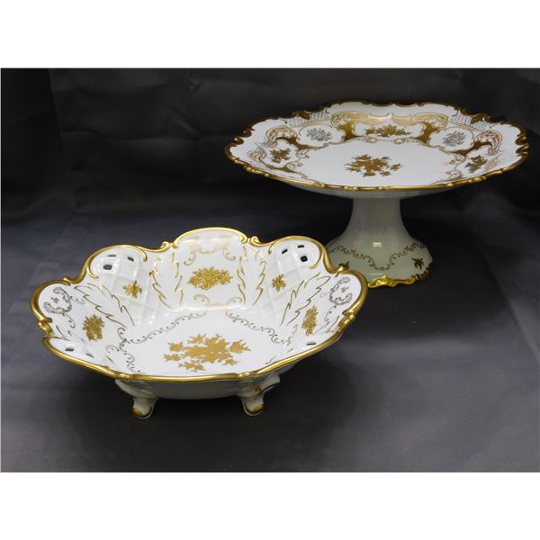 Lot of 2 East Germany reichenbach porcelain White and Gold CAKE STAND & Lattice Footed Dish China