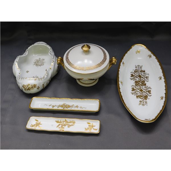 Lot of 5pcs White & Gold Porcelain Serving Pieces, Olive Dishes, Footed Jar with Lid, Hand Painted