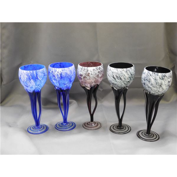 Lot of 5 Art Glass Blown Glass Wine Glasses