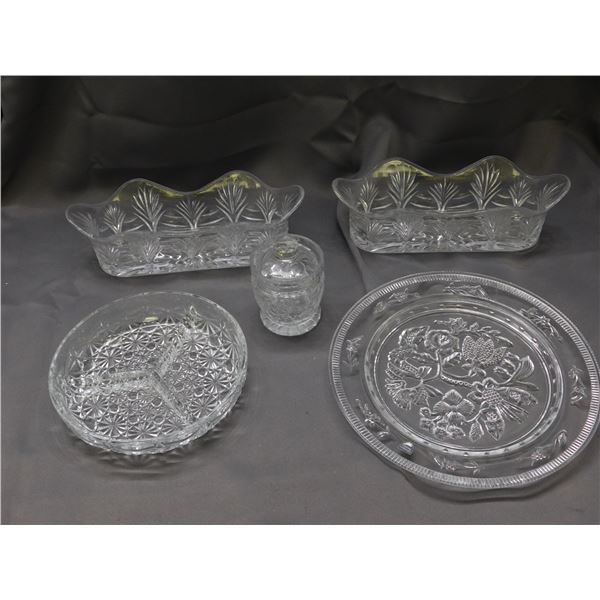 Pressed Glass / Crystal Jam Jar, Planters, Serving Dish, Divided Tray