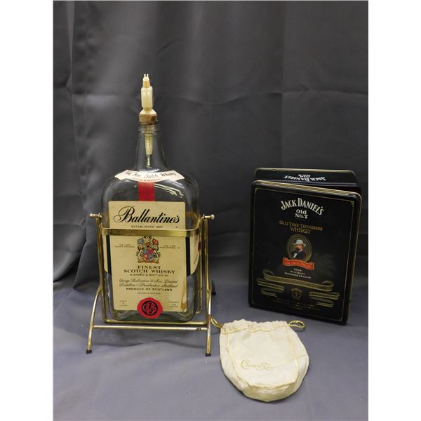 Jack Daniels Tin w Rocks Glasses, Crown Royal Bag & Texas Mickey Valentines Scotch w Cradle