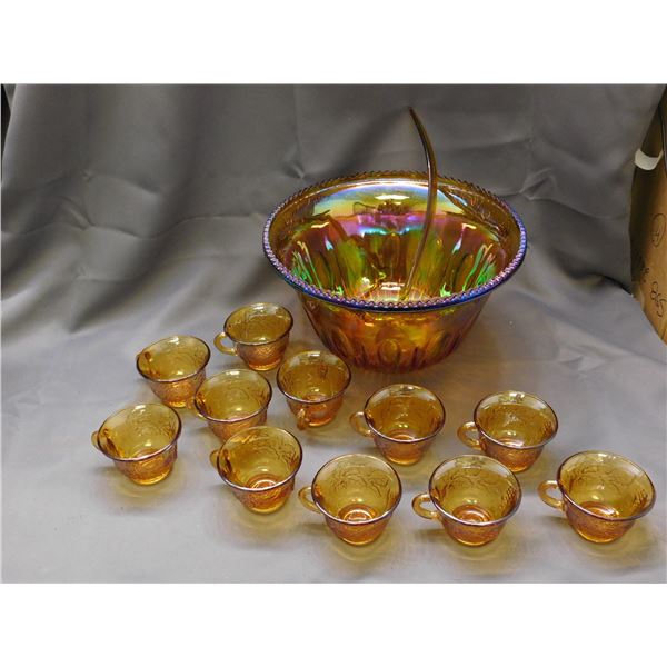 Carnival Glass Punchbowl Lot of 11 and 3 Clips, Ladle