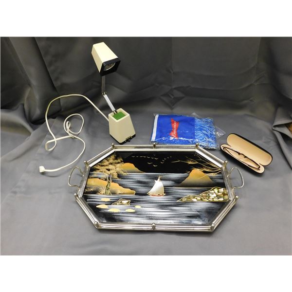 END OF THE RUN serving tray, collapsable desk lamp *as is* Budweiser Scarf, Reading glasses