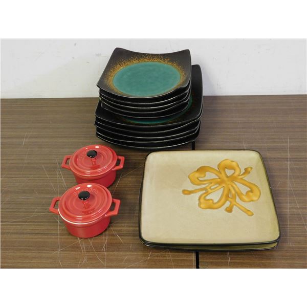 Lot of 14 Stoneware Serving Plates Appetizer & Dinner and 2 Mini Cocotte Pots w lids