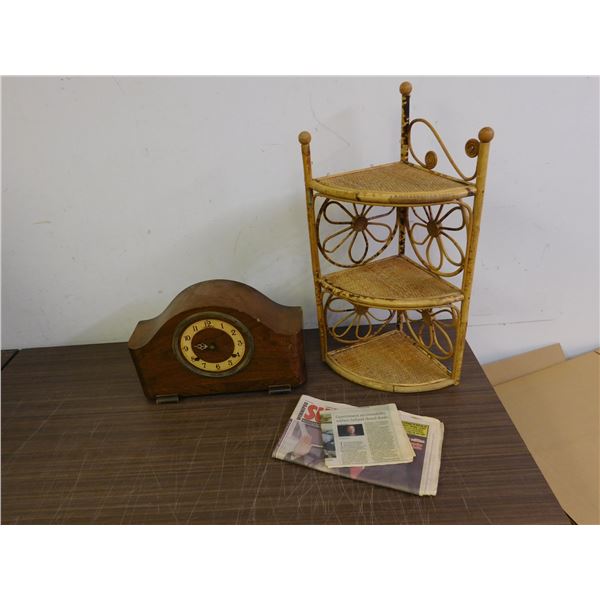 Wicker Corner Shelf &  Mantle Clock (as is)