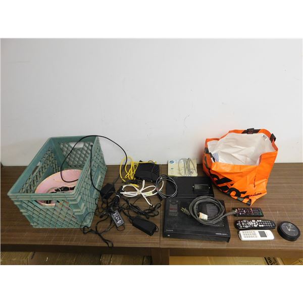 Crate of Misc Electronics Remotes, Parts Pieces