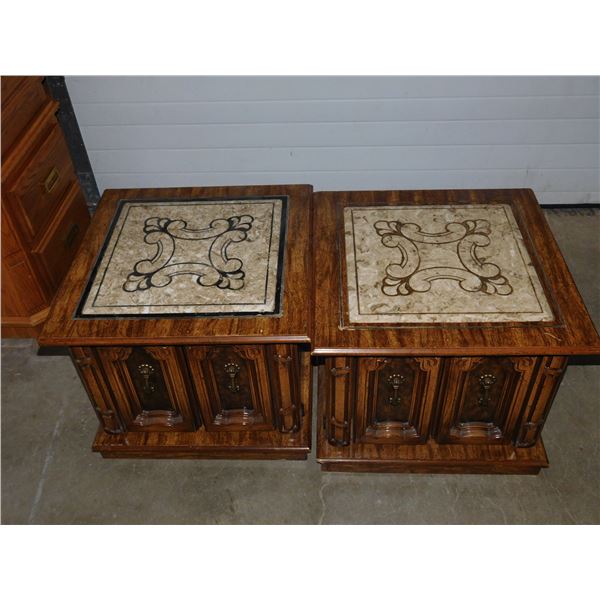 Pair of Wood End Tables Ornate with Stone Tops