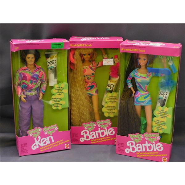 Lot of 3 Totally Hair Blonde, Brunette, Ken Barbie Dolls 1991 (previously opened)