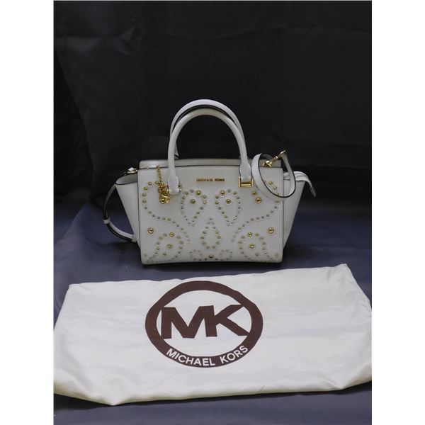 Michael Kors Studded Selma White Leather Handbag Tote w Shoulder Strap Gold Embellishment