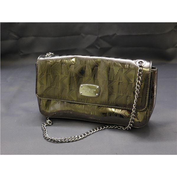 Michael Kors Monogram Silver Tote with Chain Shoulder Bag Mirror Finish