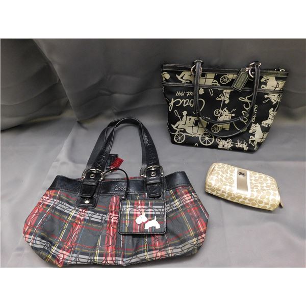 Lot of 3 Coach Bags 2 Purses & 1 Makeup Bag Plaid Design, Horse Drawn Carriage Totes