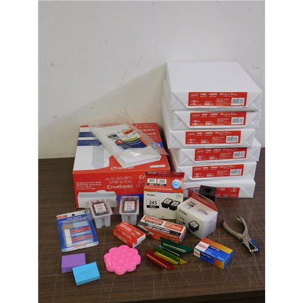 LARGE Bundle of Office Supplies Printer Paper, Envelopes, Sticky Pads, Printer Ink Carts, Etc