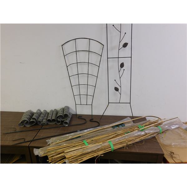 Lot of Gardening Bamboo Sticks, Rabbit Protection Gates, Trellis, Flower Basket Ground Hangers