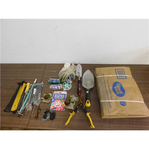 Lot of Gardening Items Twine, Gloves, Hand Shoves, Yard Waste Bags, Clippers, Tent Posts, Etc