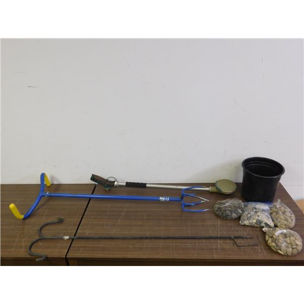Lot of Garden Tools Digging Fork, Rocks, 2-End Basket Hanger, Hose Sprinkler Attachment, Plant Pot