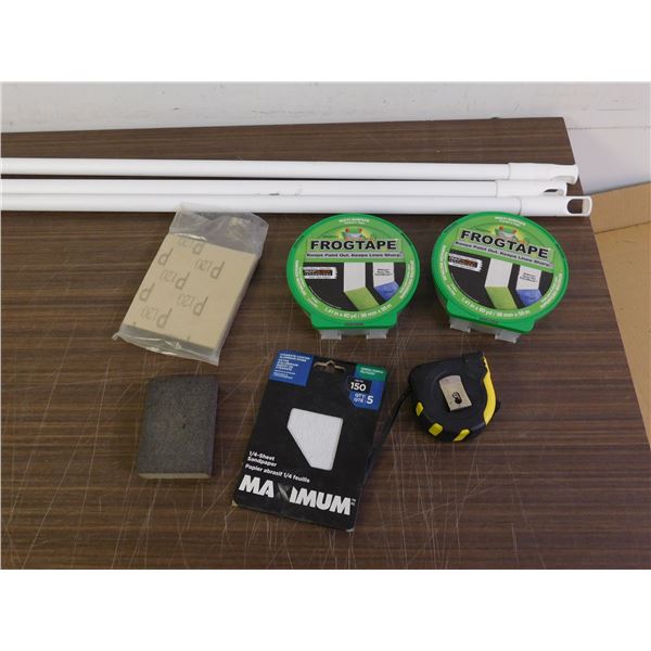 Lot of Assorted Construction Home Repair Painters Tape, Paint Roller Rods, Measuring Tape, Sandpaper