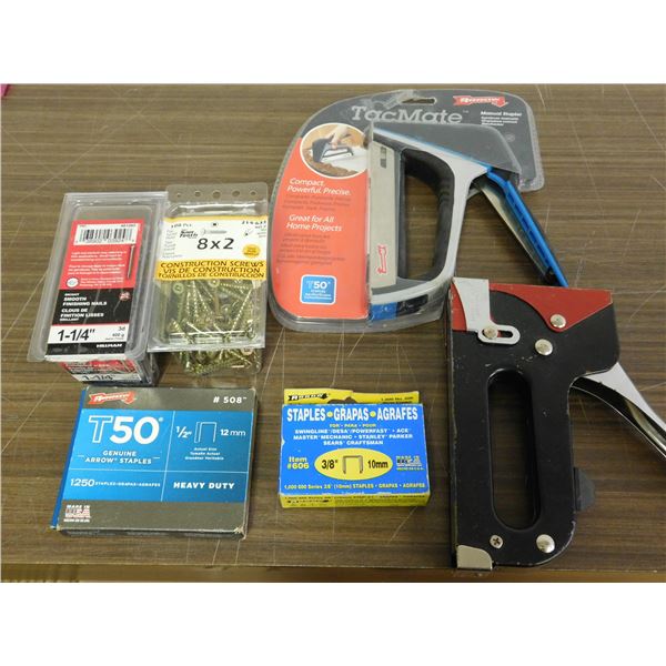Lot of Hardware Staples, Staple Guns, Finishing Nails & Screws