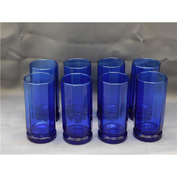 Lot of 8 Cobalt Blue Anchor Hocking Tall Double Rocks Glasses