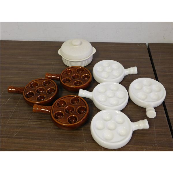 Lot of 7 Ceramic Pottery Escargot / Mushroom Servers & 1 Stoneware Small Pot w Lid