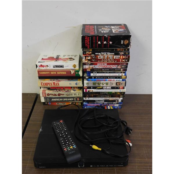 Seiki DVD & Blu-Ray Plater w Remote & 30+ DVDs & VHS Tapes