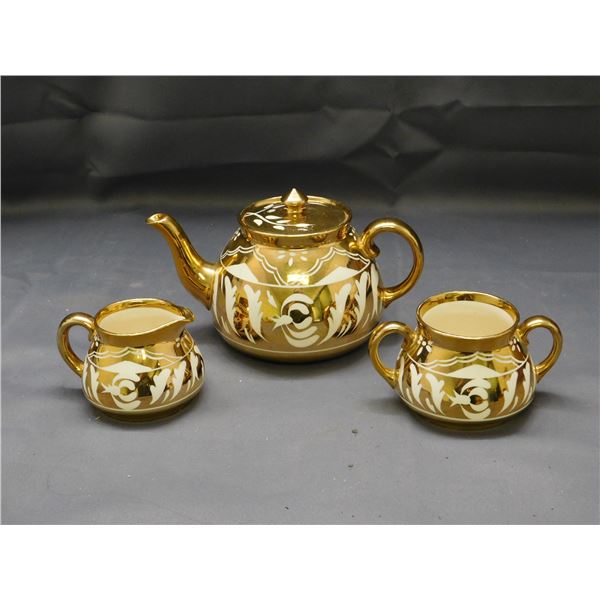 Gibsons Staffordshire England Gold Tea Pot, Cream and Sugar Fine Bone China