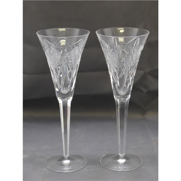 Pair of "Toast To Happiness" Waterford Crystal Toasting Champagne Flutes Glasses