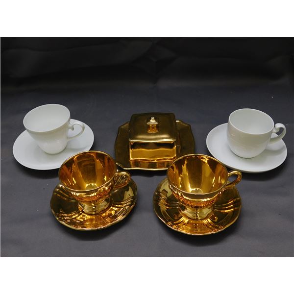 Lot of Gold Royal Winton & Rosenthal White Tea Cups & Saucers, Cheese Dish