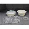 Image 1 : Lot of 4 Corning Ware 3L Cooking Dish, Glass Floral Serving Trays, Corning ware 2.3L Baking Dish w