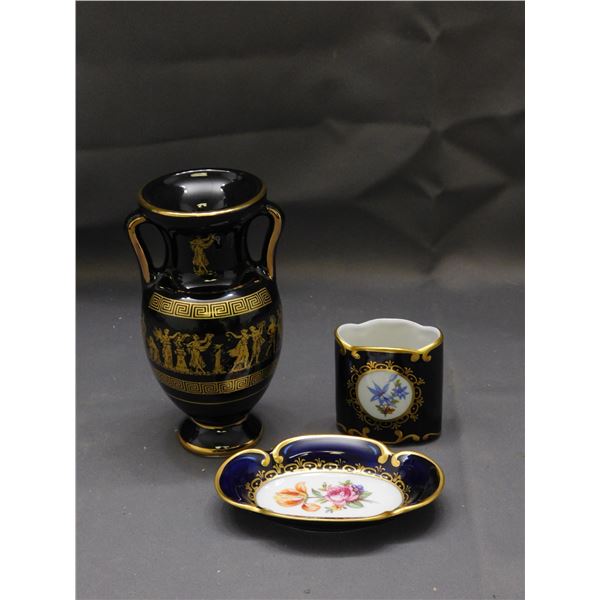 Lot of East Germany JLMENAU ECHT Kobalt China Toothpicks, Tray, Star Made in Greece 24k Gold Vase