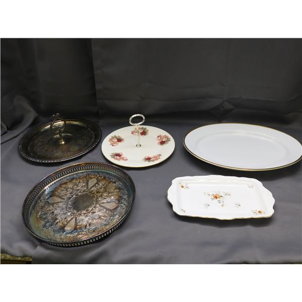 Lot of 5 Serving Trays Royal Bayreuth,  Royal Kent, Etc & Silver-plate Platters