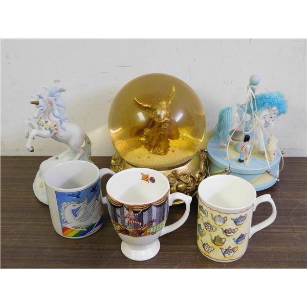 Lot of 7pcs Snow Globe, Unicorn Porcelain Figurine, Amethyst, Merry Go Round, Etc