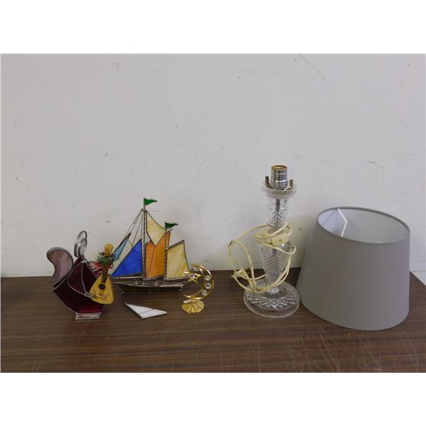 Lot of Stained Glass Boat, Angel, Glass Lamp Fabric Shade