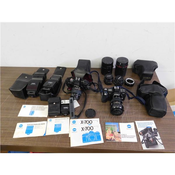 Lot of Minolta 2 Camera Bodies, 4 Lenses, 3 Flash, Adaptor & 2 Leather Cases, Paperwork