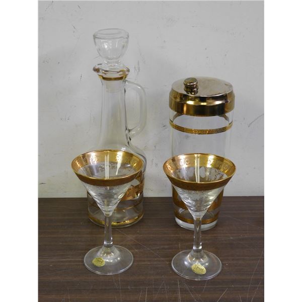 Lot of Gold Trim Glass ware Cocktail Shaker, Decanter, Martini Glasses